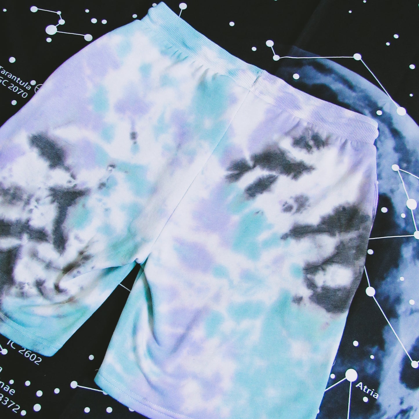 Black, Purple & Aqua Crumple Tie Dye Shorts