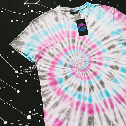 Pink, Aquamarine & Dark Grey Spiral Tie Dye T Shirt