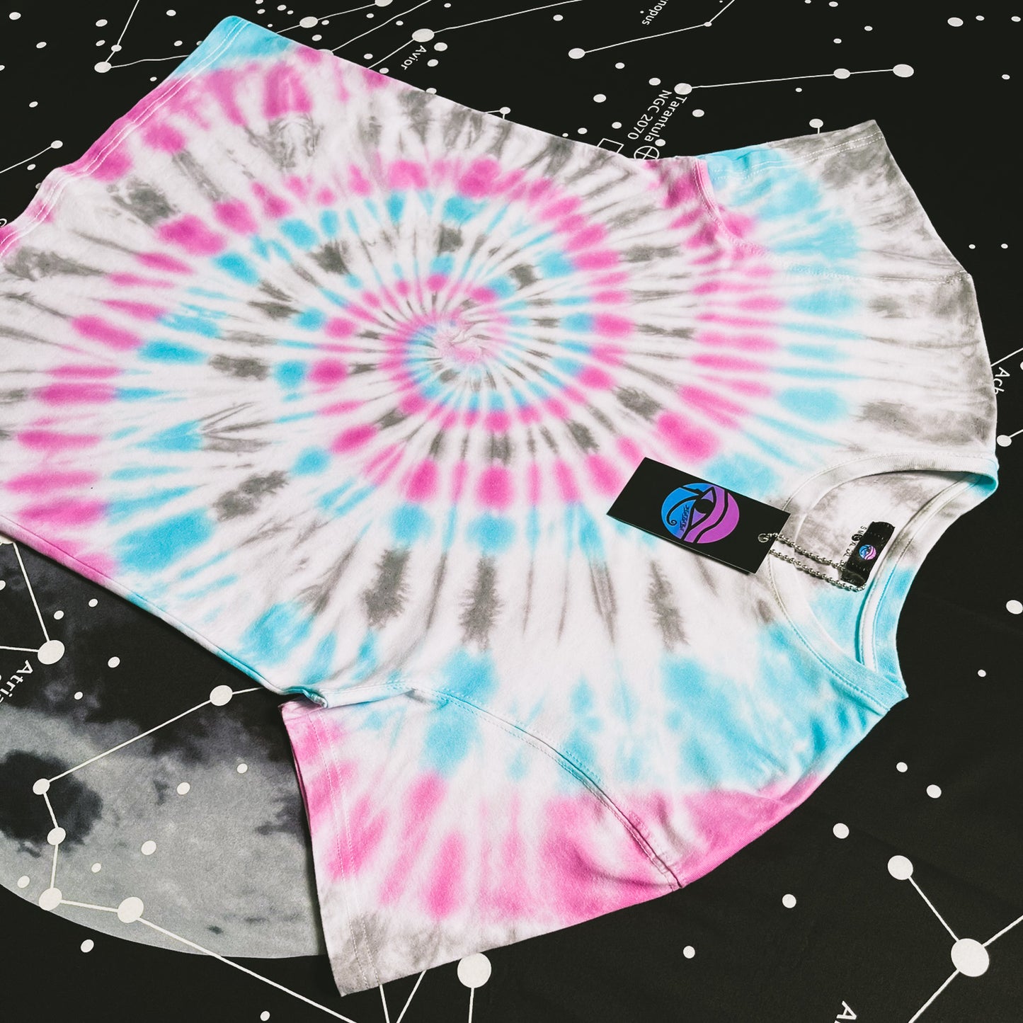 Pink, Aquamarine & Dark Grey Spiral Tie Dye T Shirt