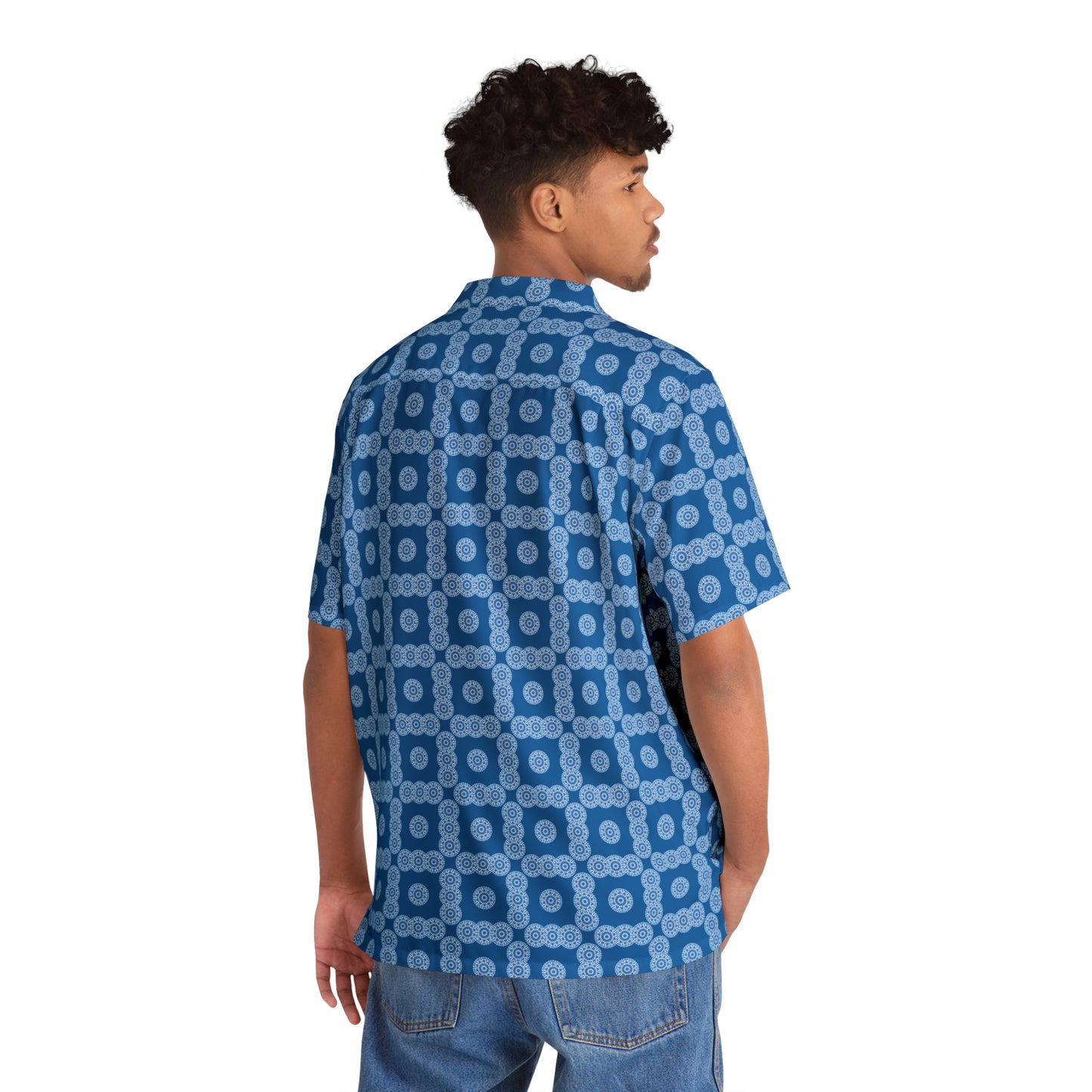 Men's "E-VEIL I" Cymatic Check Aop Boxy Shirt (Blue)