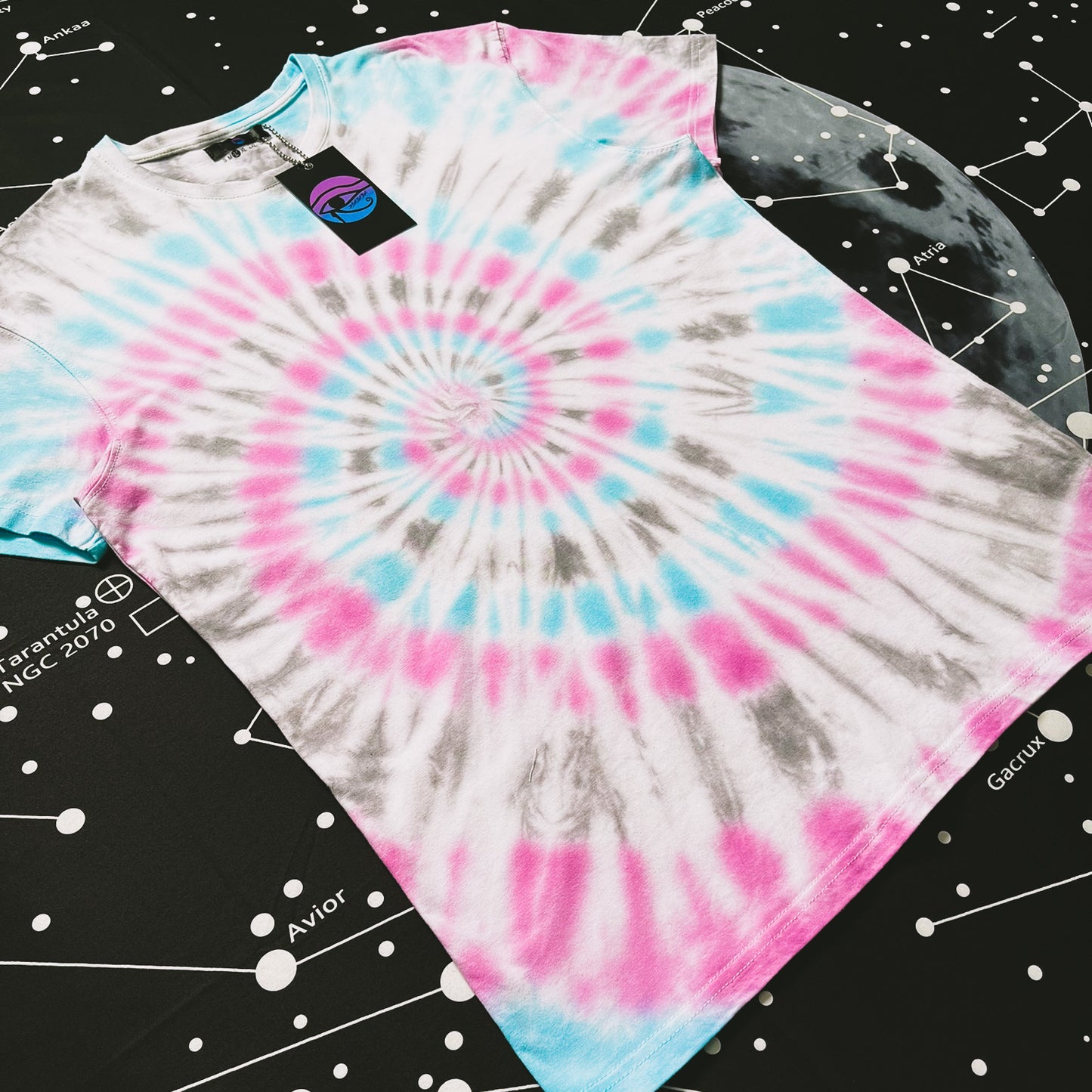 Pink, Aquamarine & Dark Grey Spiral Tie Dye T Shirt