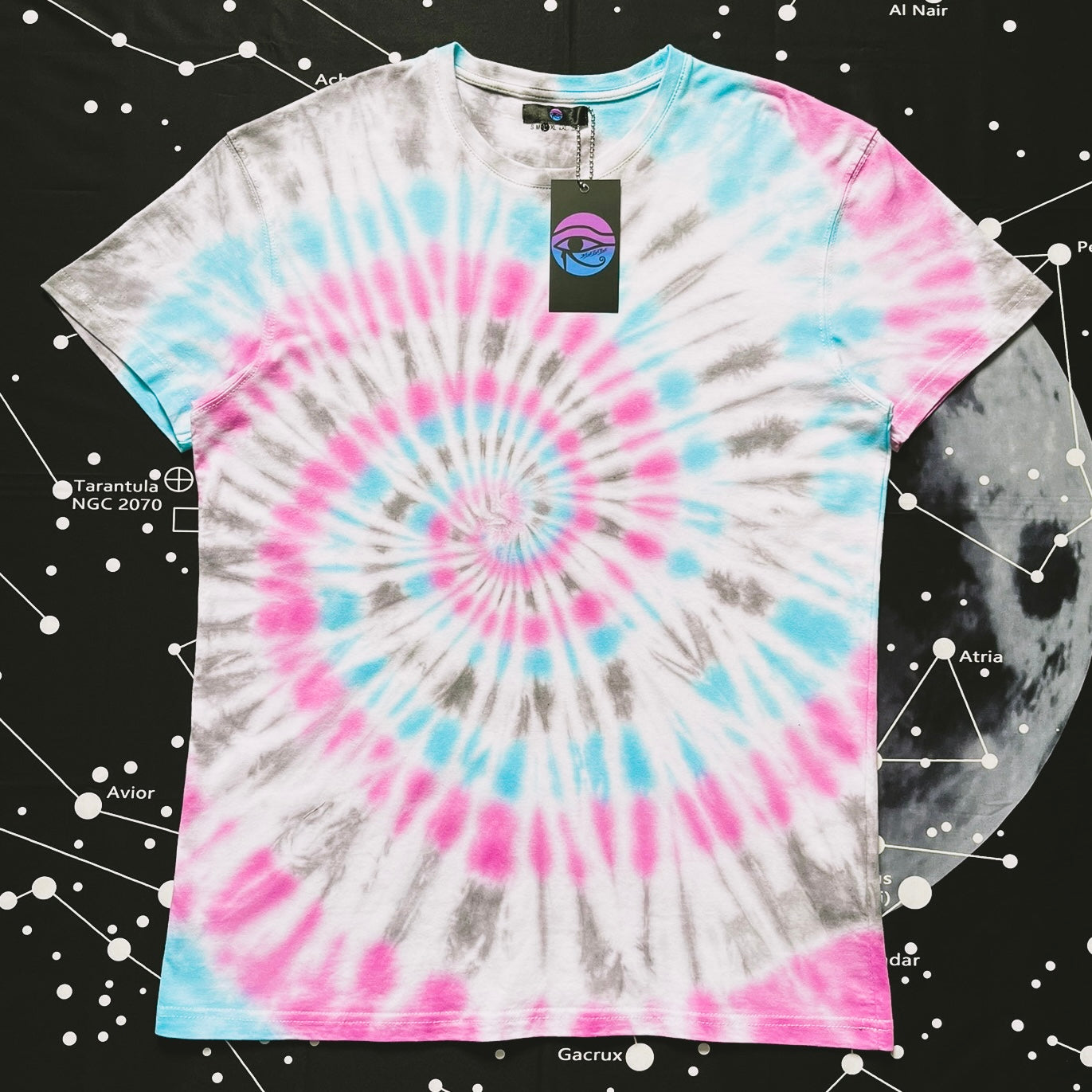 Pink, Aquamarine & Dark Grey Spiral Tie Dye T Shirt