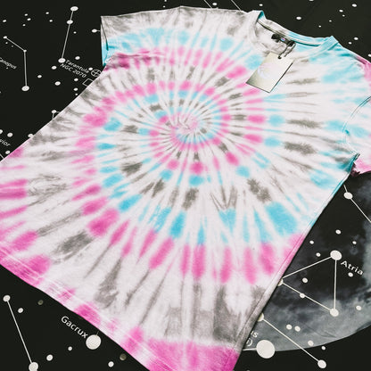 Pink, Aquamarine & Dark Grey Spiral Tie Dye T Shirt