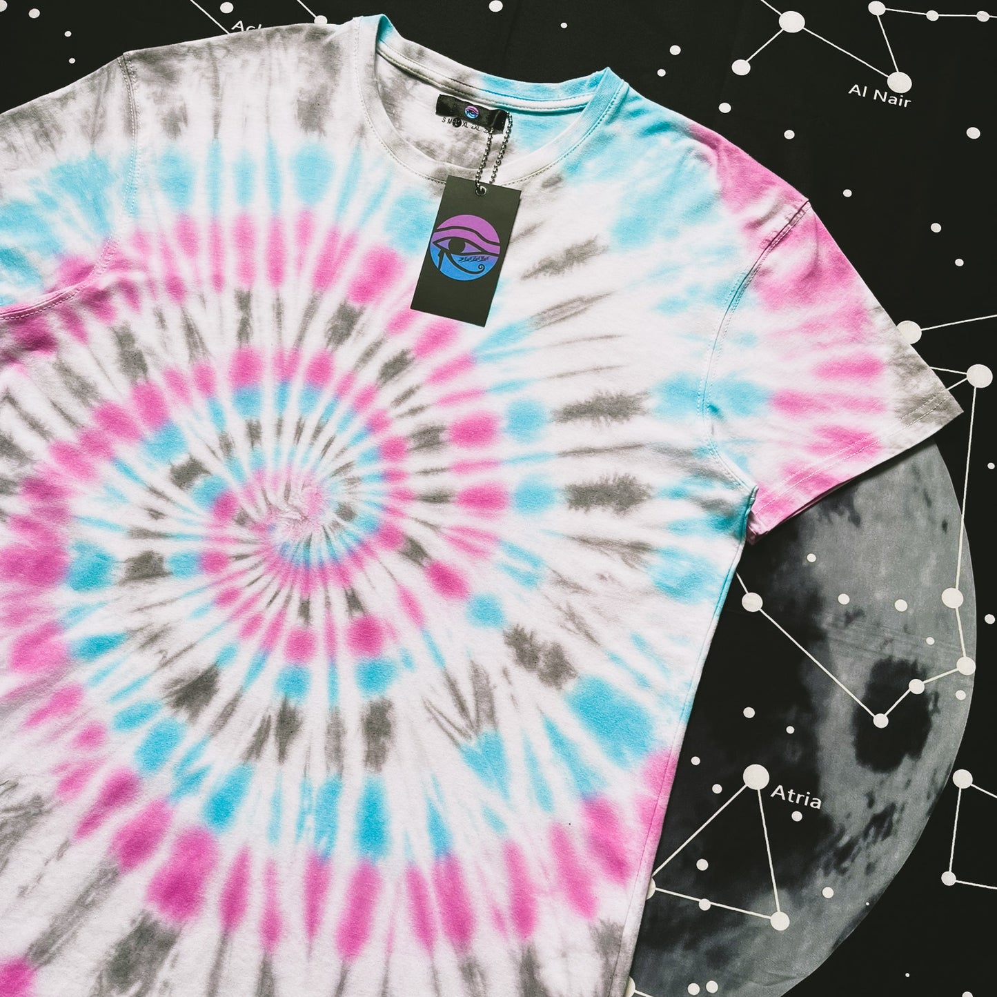 Pink, Aquamarine & Dark Grey Spiral Tie Dye T Shirt