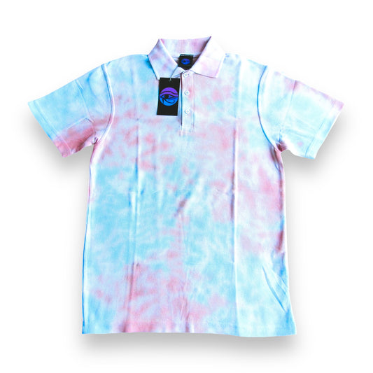 Sky Blue & Red Crumple Tie Dye Polo Shirt