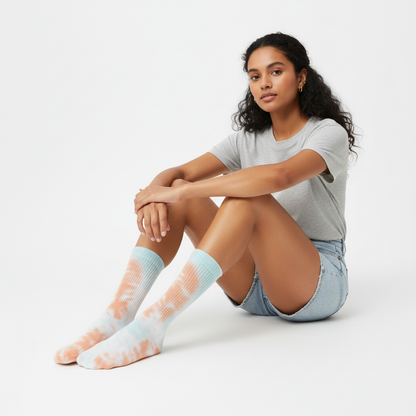 Aqua & Orange Crumple Tie Dye Socks