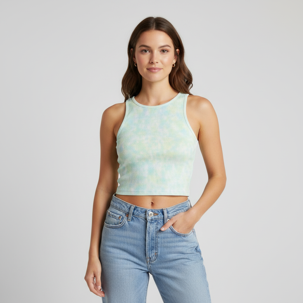 Green, Sky Blue & Aquamarine Abstract Crop Top - Light Grey Backdrop