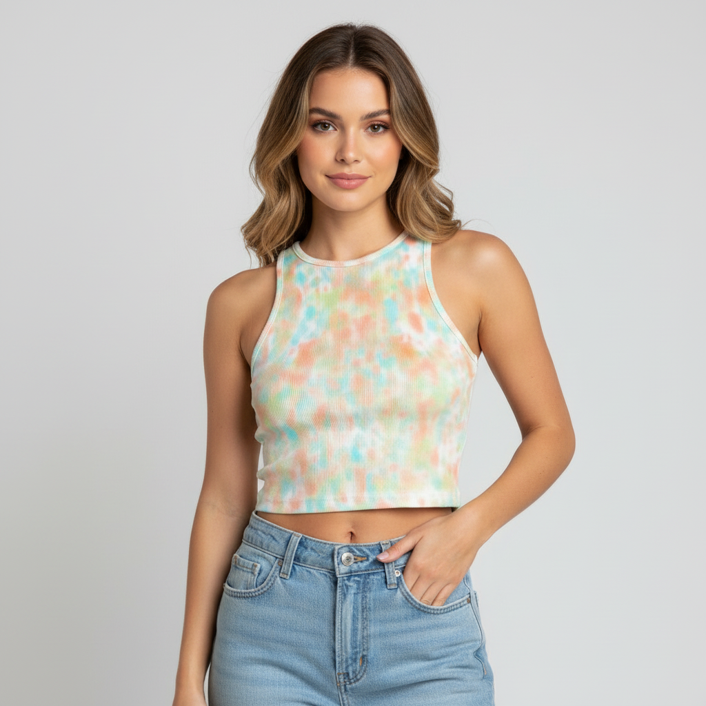 Orange, Green & Aquamarine Abstract Crop Top - Light Grey Backdrop