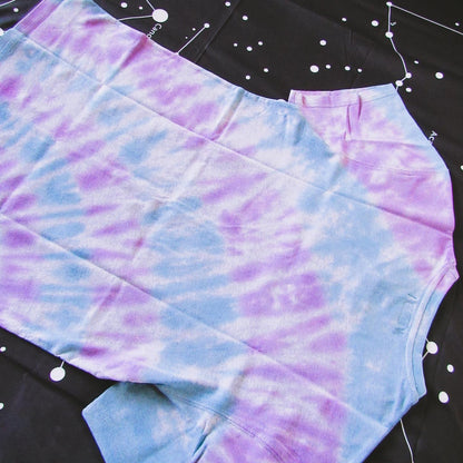 Blue & Purple Sunburst Tie Dye On A Grey T Shirt