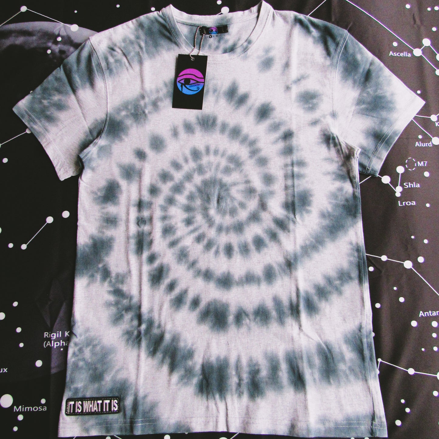 Dark Grey Spiral Tie Dye On A Grey T Shirt