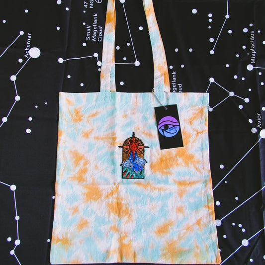 Aqua & Light Orange Crumple Tie Dye Tote Bag