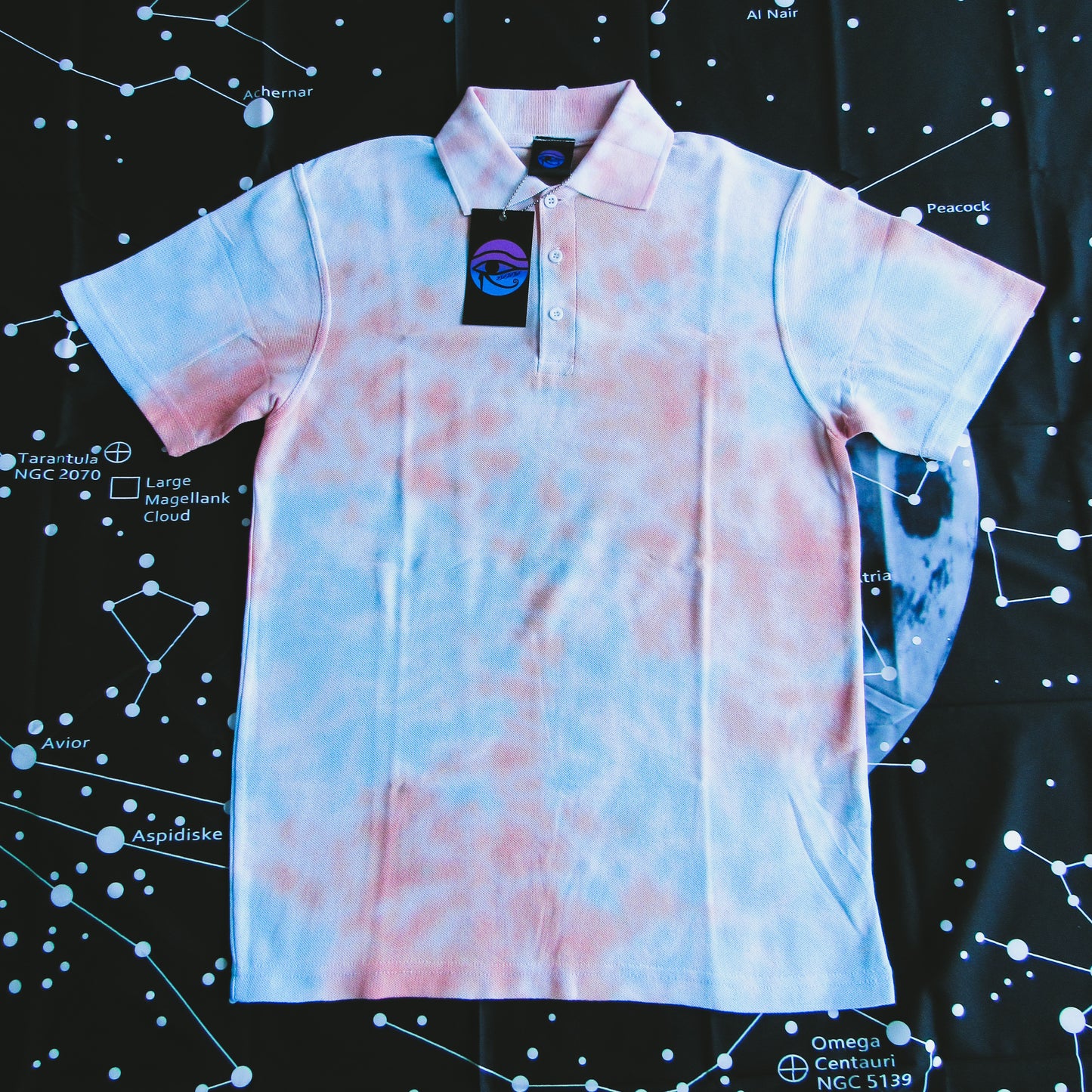 Sky Blue & Red Crumple Tie Dye Polo Shirt