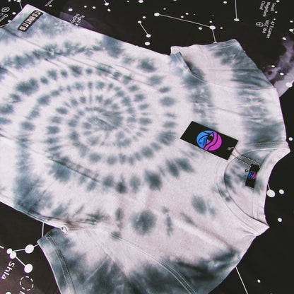 Dark Grey Spiral Tie Dye On A Grey T Shirt