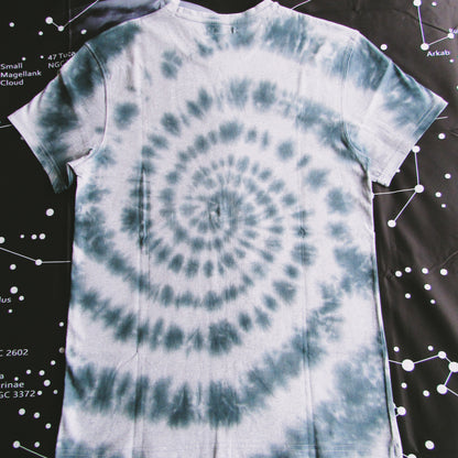 Dark Grey Spiral Tie Dye On A Grey T Shirt