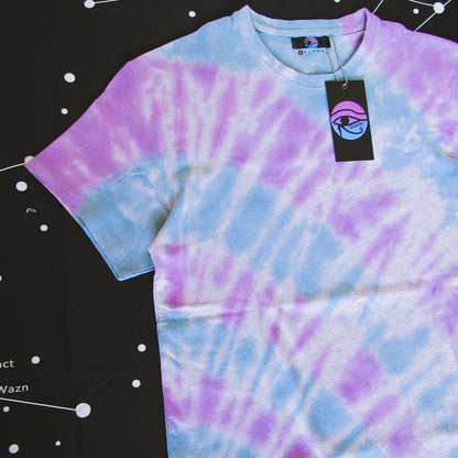 Blue & Purple Sunburst Tie Dye On A Grey T Shirt